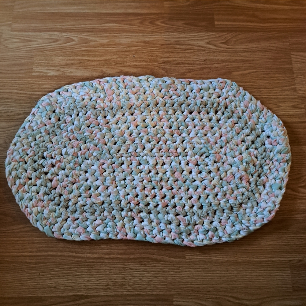 Handmade Rag Rug Crocheted Green Pink Set - Picture 2 of 7